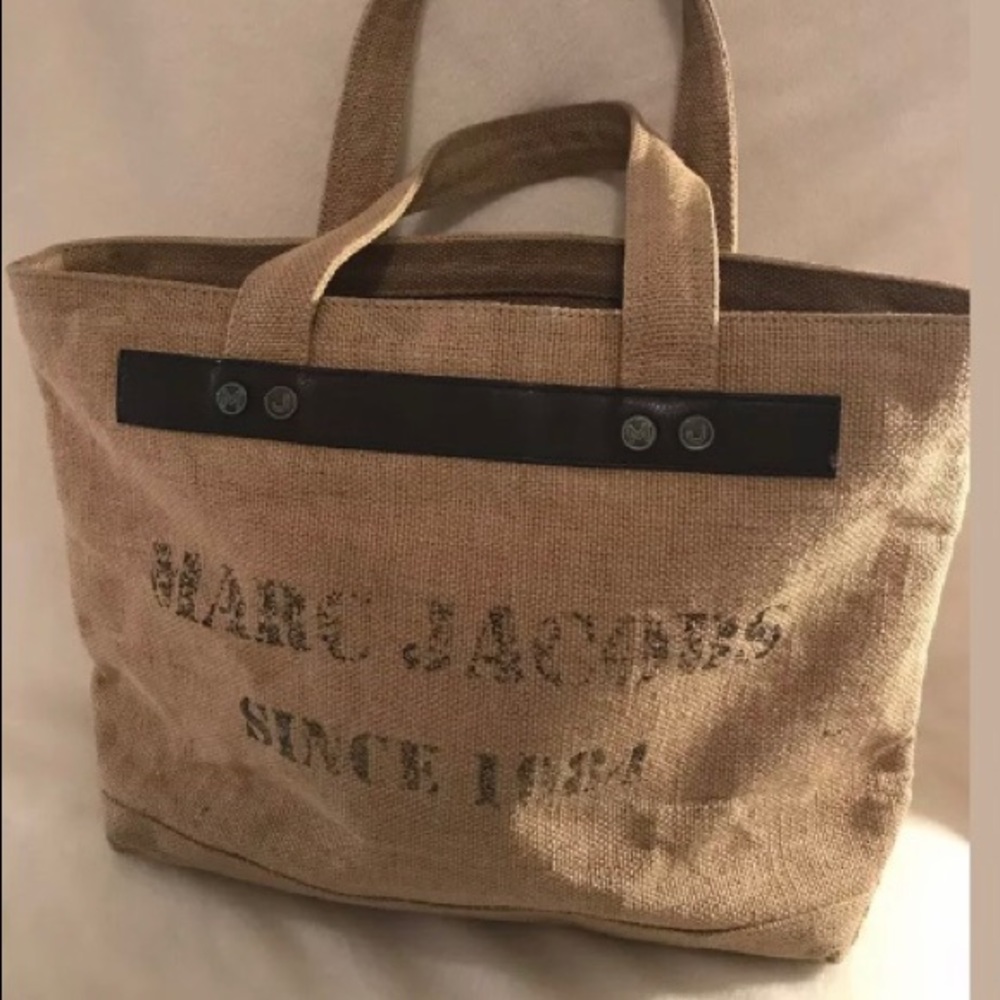 Marc Jacobs Natural Jute Canvas Logo Tote with Black Trim